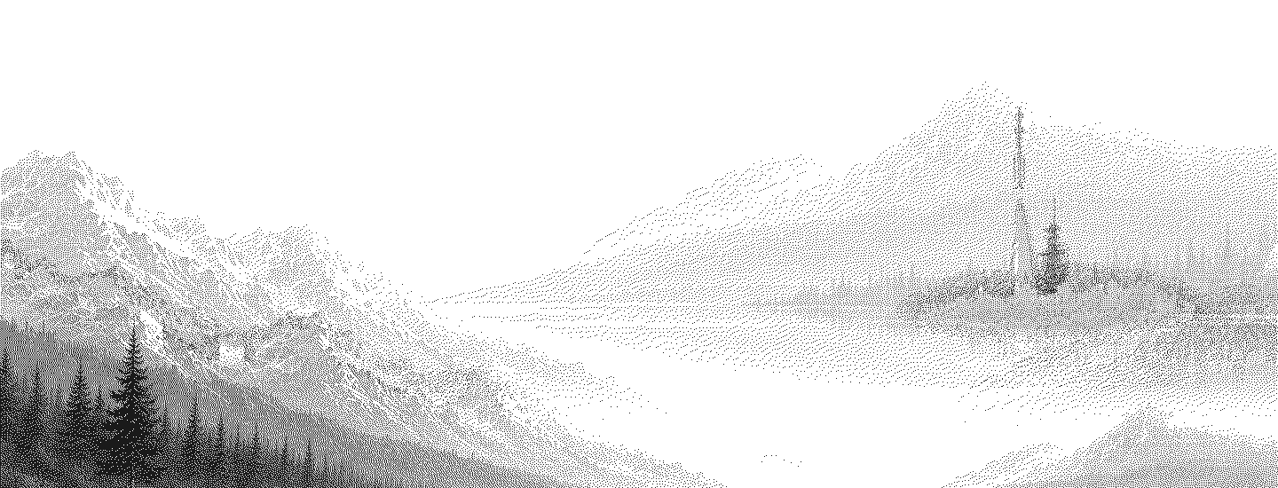 A one-bit rendering of layered mountain ranges receding into haze above a still lake, a rocket climbing from its launch tower on the far shore, pine forest in the foreground.